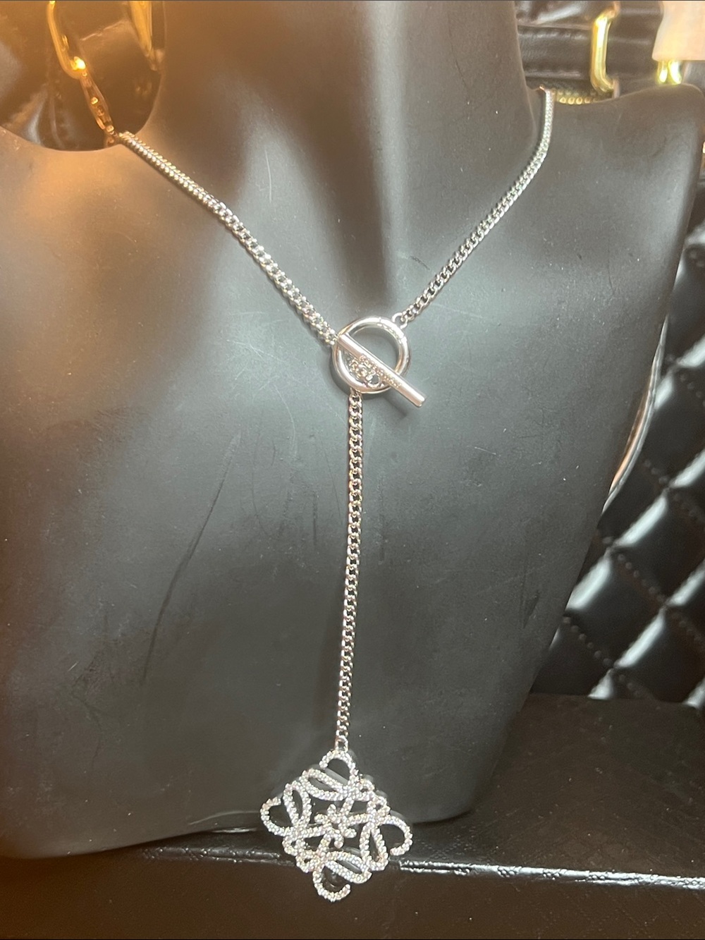 Silver Lariat Necklace with Crystal Filigree Pendant - Silver